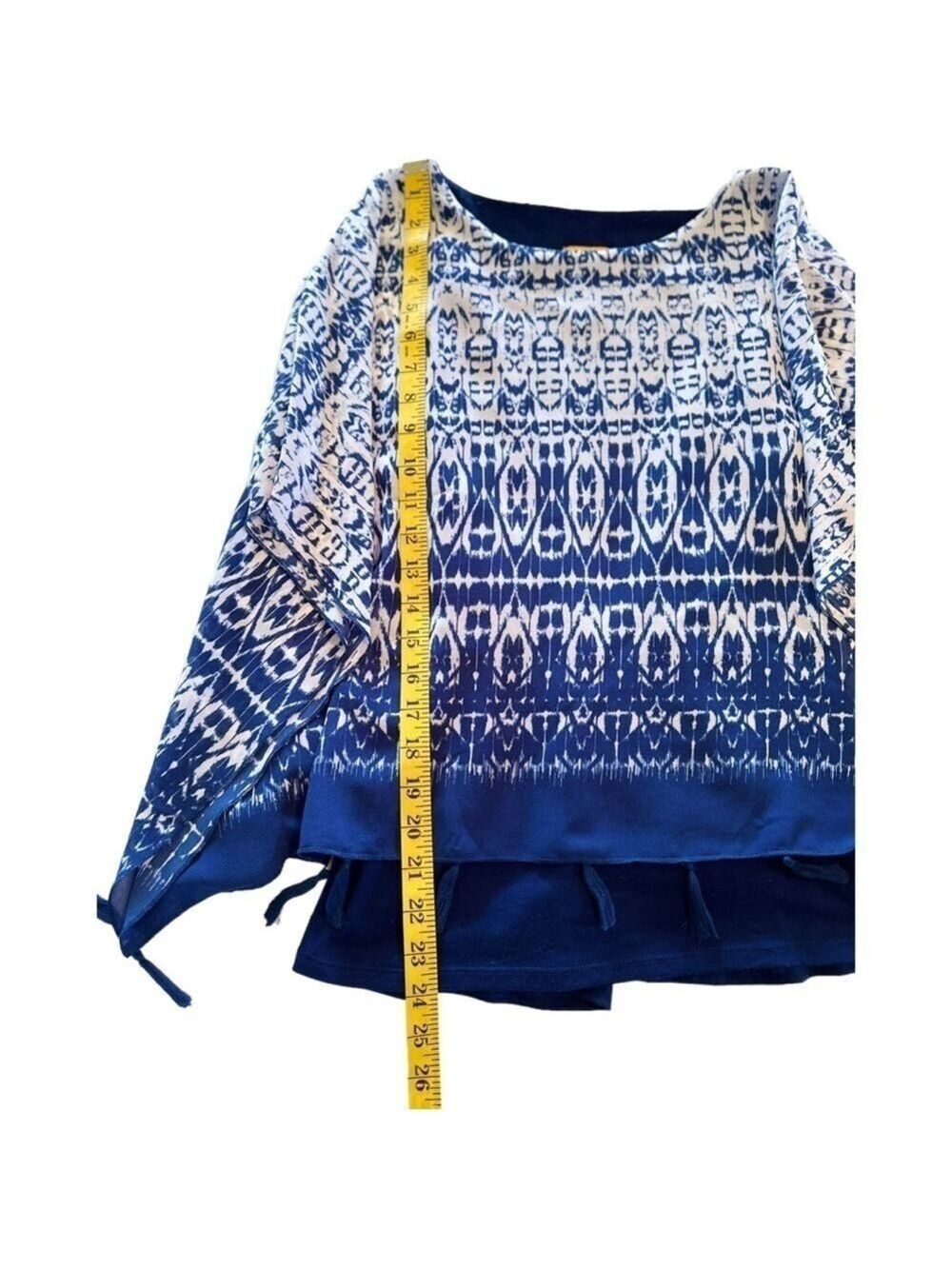 Ruby Rd. Boho Abstract Tunic Blouse Blue & White Kimono Sleeves, PETITE Medium - Picture 8 of 15